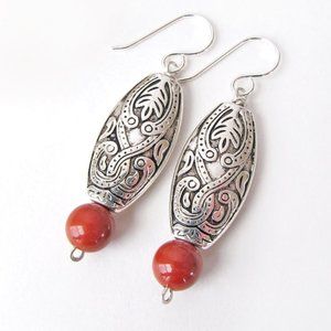 Moroccan Style Bohemian Silver Earrings with Red Jasper Gemstones